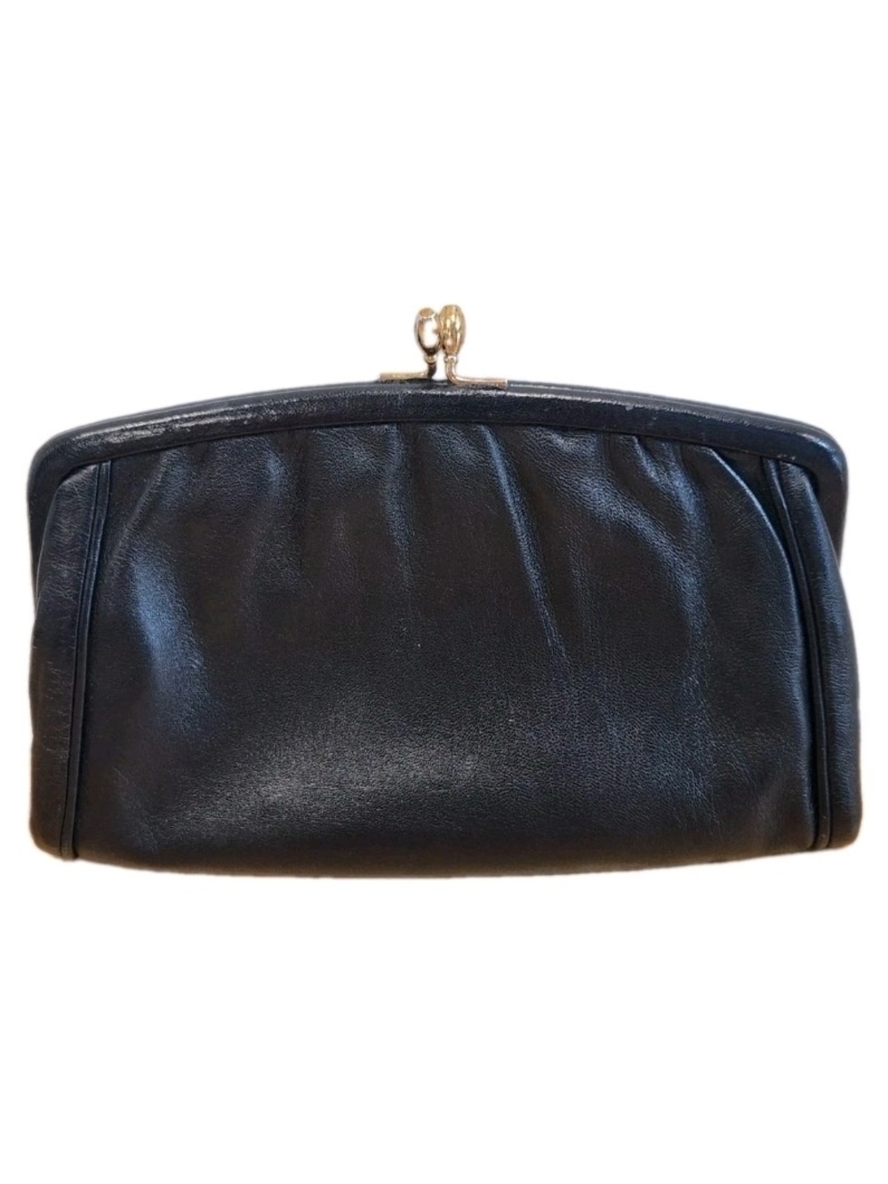 Vintage Mid-Century Black Leather Kiss-Lock Clutch Purse Made in England Gimbels